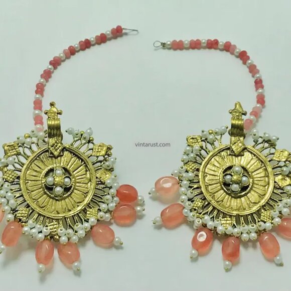 Handmade Golden Dangle Earrings: Pearl & Pink Bead Bohemian Jewelry - Picture 4 of 8